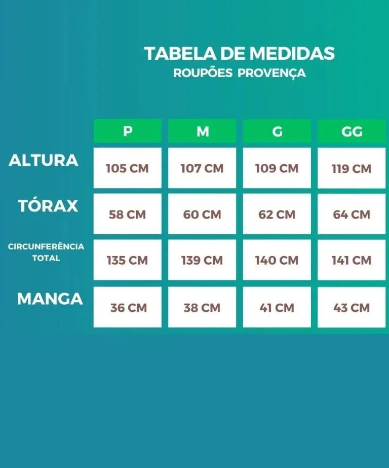 Imagen para Roupão Adulto Provença Pequeno Döhler tabela de medidas