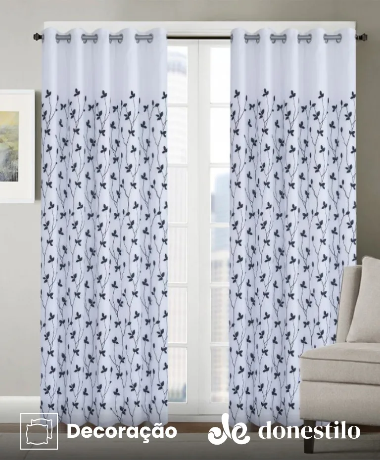 Cortina Voil Bordada Dupla Folhas Pretas 2,70X1,80 m Jolitex